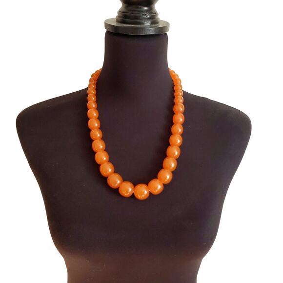 American Vintage Jewelry - Retro Acrylic Necklace Orange Graduated Beaded Chunky Statement Barrel Clasp Vtg